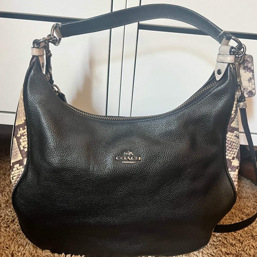 Coach Black and Snakeskin Leather Large Hobo Purse